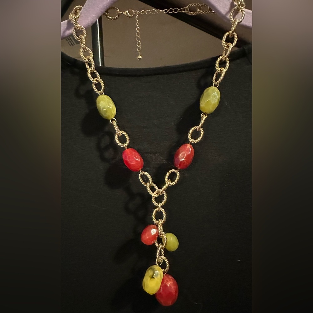 Gold Open Link Etched Chain Necklace with Carnelian and Olive Color Beads